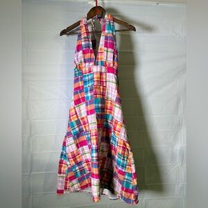 Sam TY Colorful Plaid Deep V Lined Halter Dress